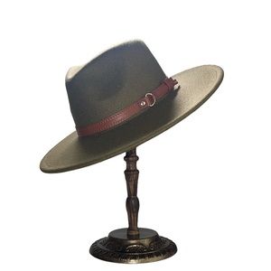 Wide Flat Brim Buckle Hat Adjustable removable hat band. Olive with gold buckle